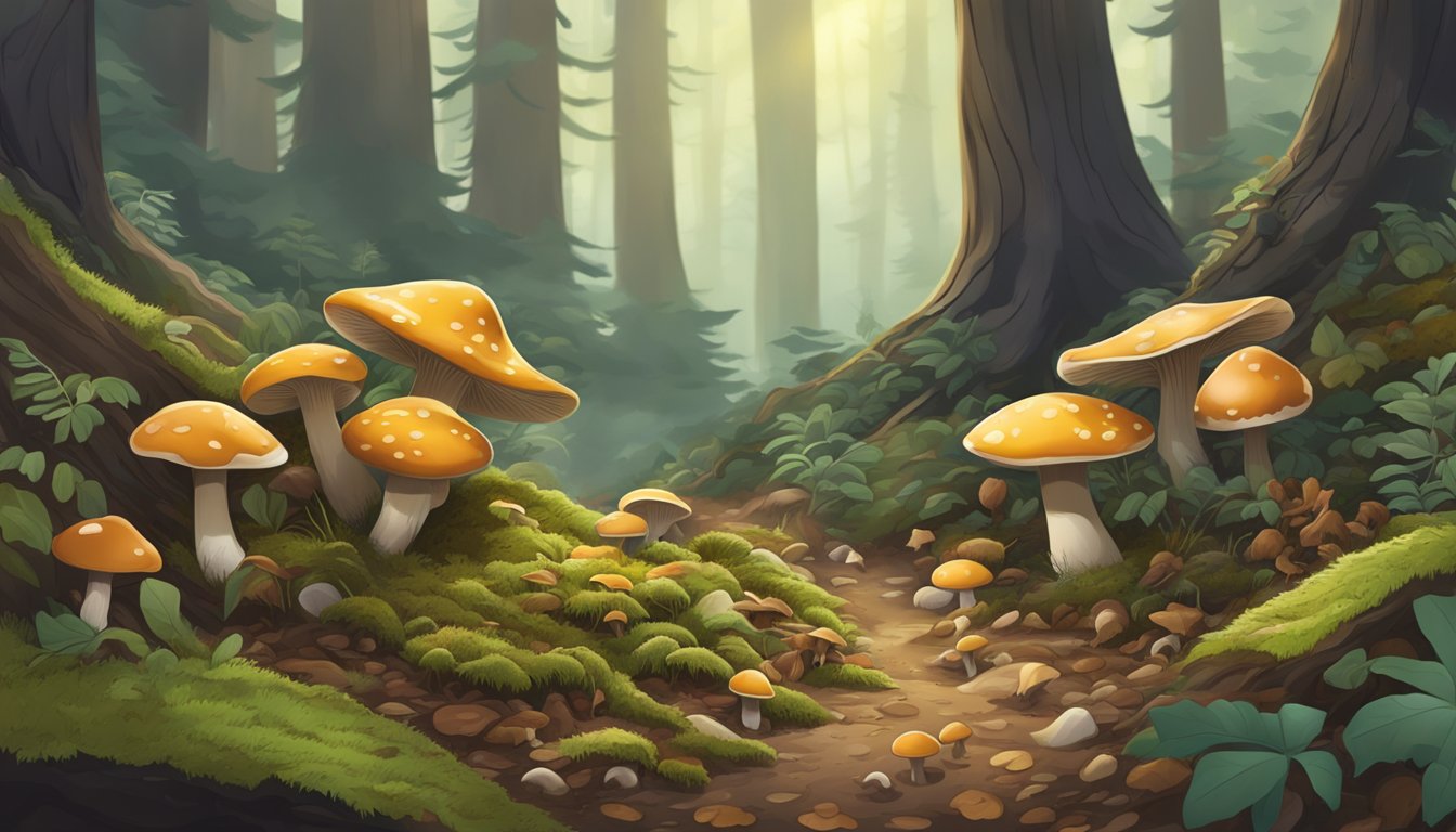 A dense forest floor in the mountain west region, with various types of mushrooms sprouting among the fallen leaves and moss