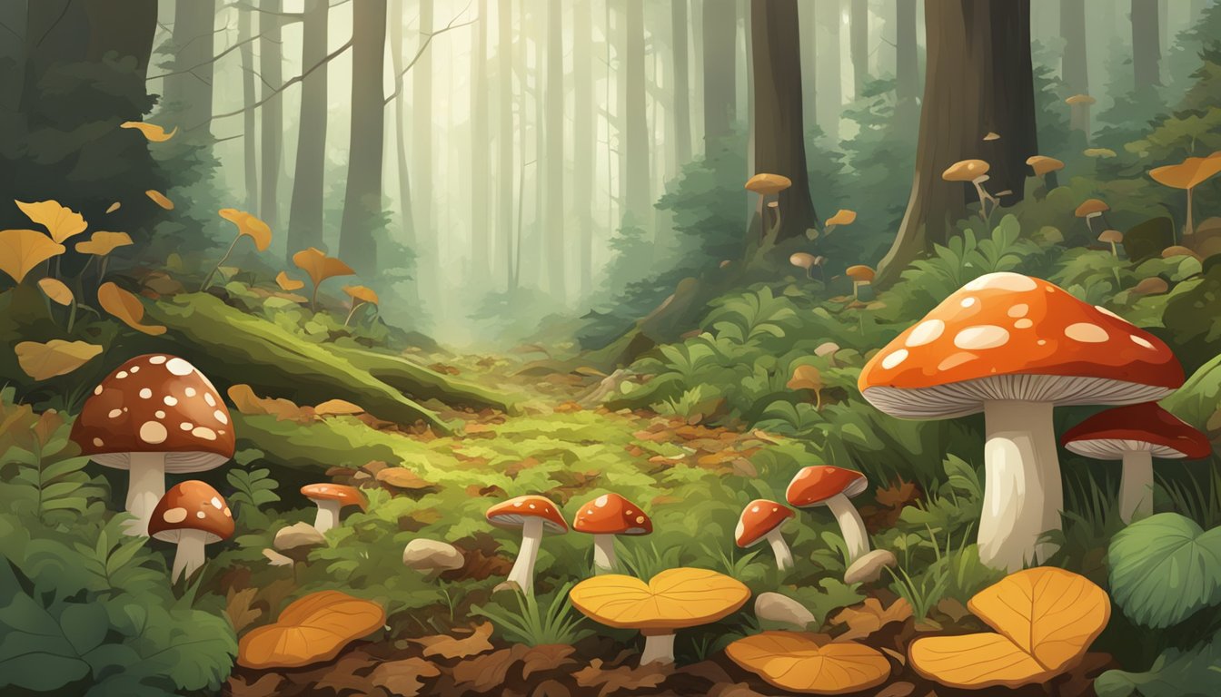 A lush forest floor in the Red River Valley region, with various types of mushrooms scattered among the fallen leaves and moss