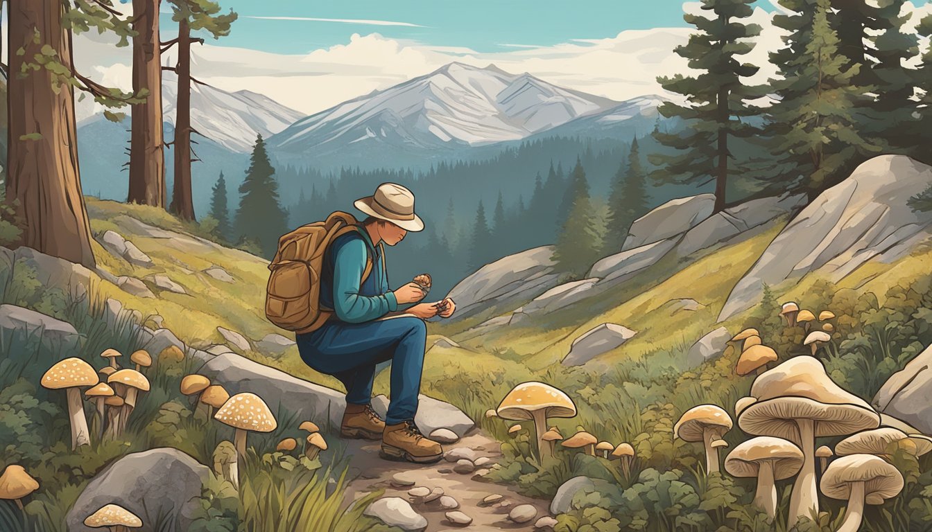 A person in the mountain west region carefully gathers wild mushrooms, mindful of legal and ethical considerations