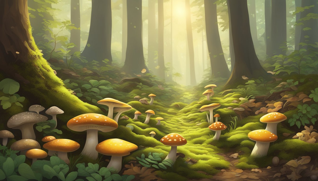 Sunlight filters through the dense forest canopy, illuminating a lush carpet of green moss and fallen leaves. A variety of mushrooms sprout from the damp earth, their colorful caps standing out against the rich brown soil