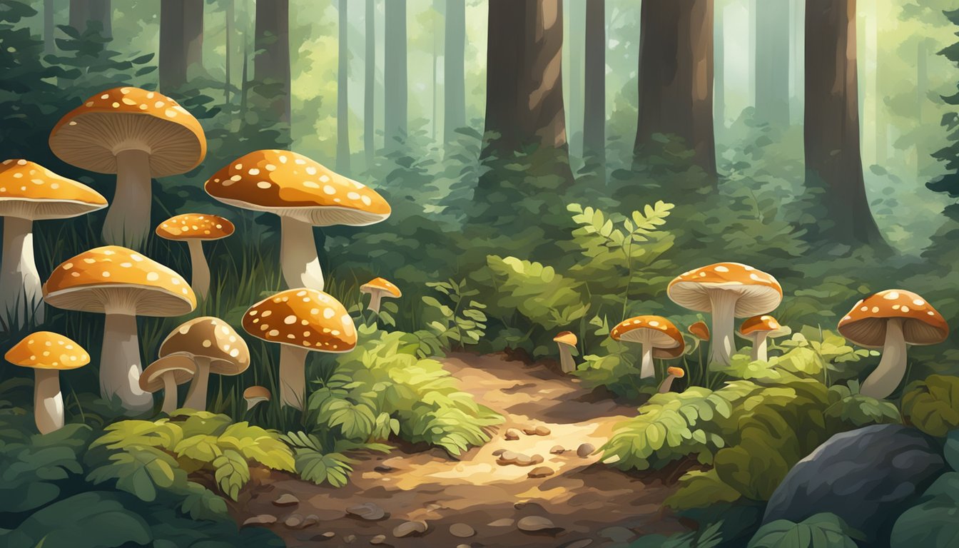 A forest floor scattered with various types of mushrooms, surrounded by tall trees and dappled sunlight filtering through the canopy