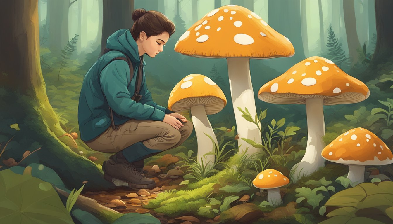 A person kneeling in a lush, damp forest, carefully examining various mushrooms growing among fallen leaves and moss