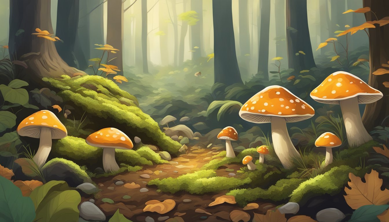 A lush forest floor with diverse mushroom species growing among fallen leaves and moss, with a respectful forager collecting only what is needed