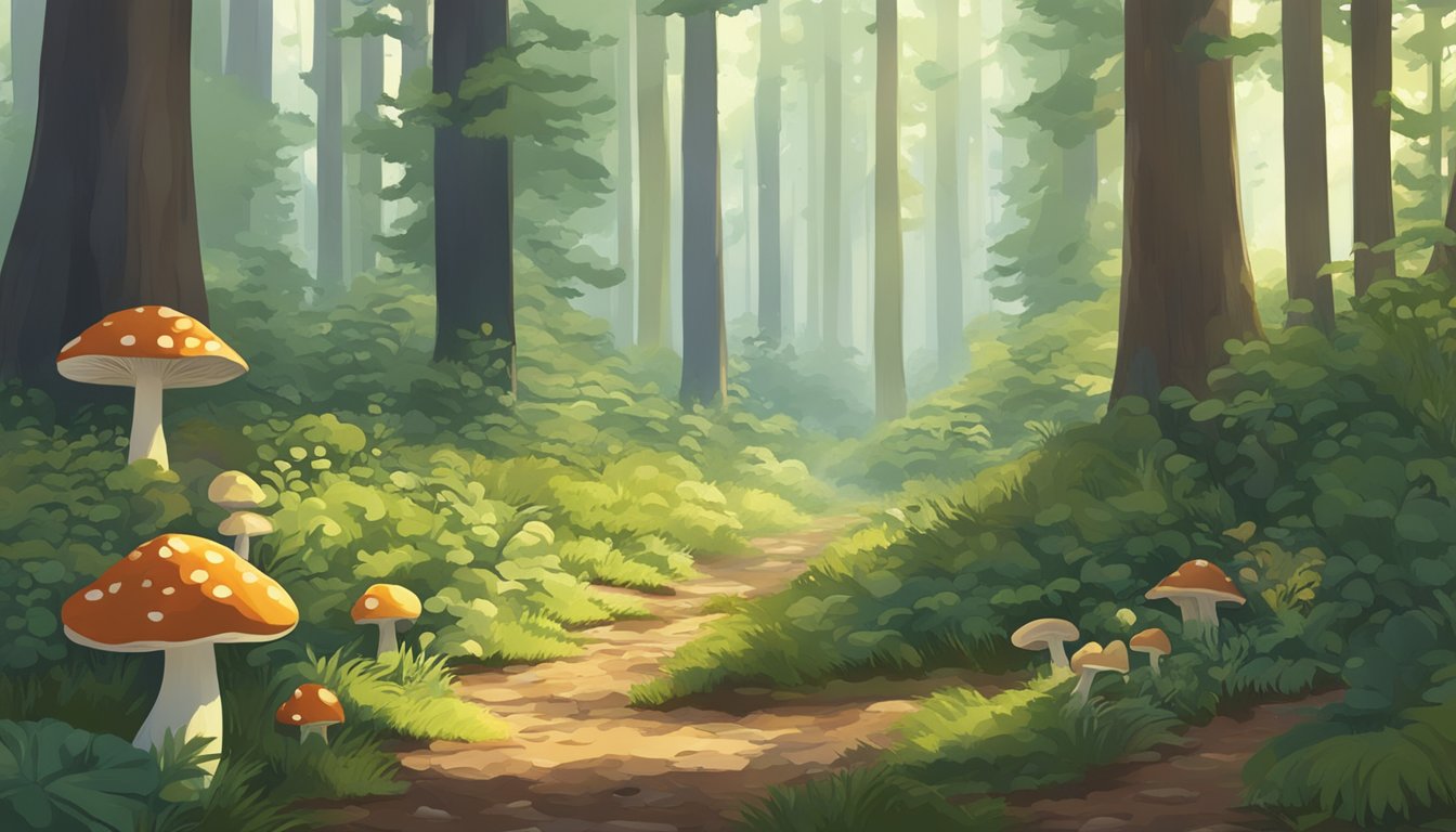 A lush forest floor in the Red River Valley, dotted with various popular mushrooms, surrounded by tall trees and dappled sunlight