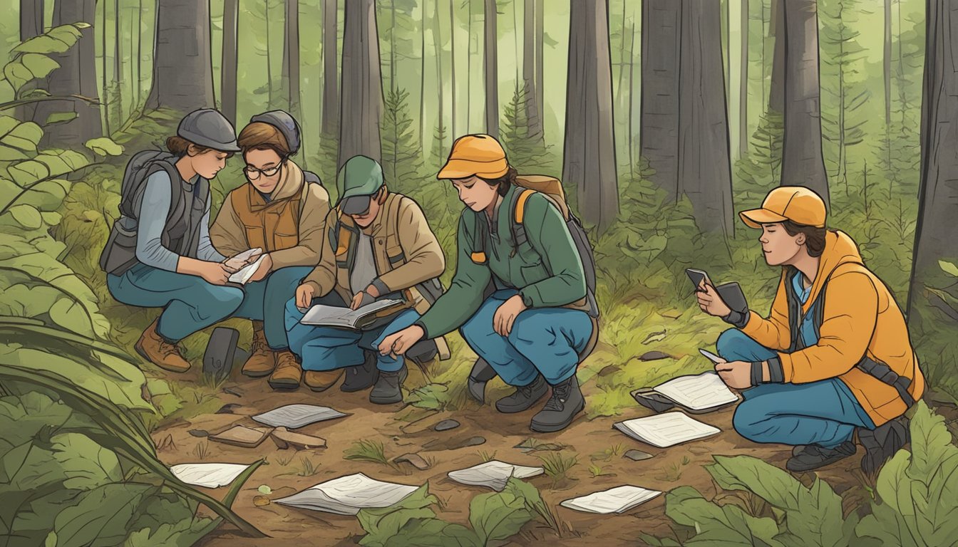 A group of people in the Northwoods region are spread out in the forest, carefully examining the ground for mushrooms. They are recording their findings and taking notes, contributing to citizen science efforts