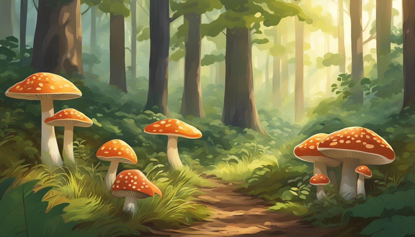 Sunlight filters through dense forest canopy onto lush, damp ground. A variety of mushrooms of all shapes and sizes peek out from the rich soil in the Red River Valley region