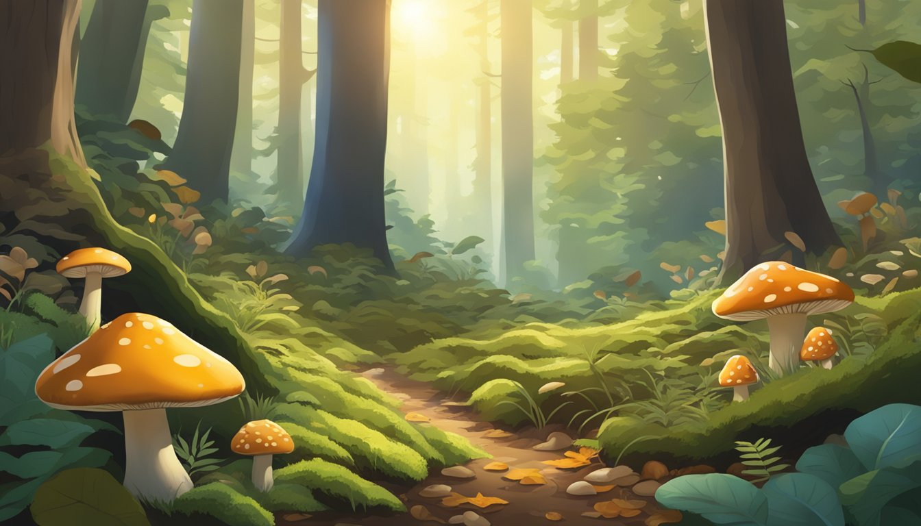 A lush forest floor in the Northern Rockies, with a variety of mushrooms sprouting among the fallen leaves and moss. Sunlight filters through the dense canopy above