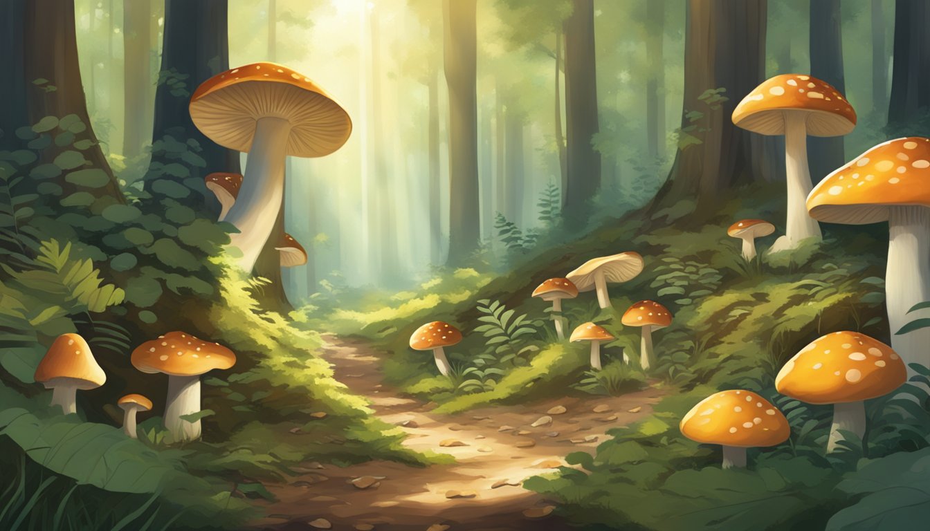 A forest floor scattered with various mushrooms, surrounded by towering trees and dappled sunlight filtering through the foliage