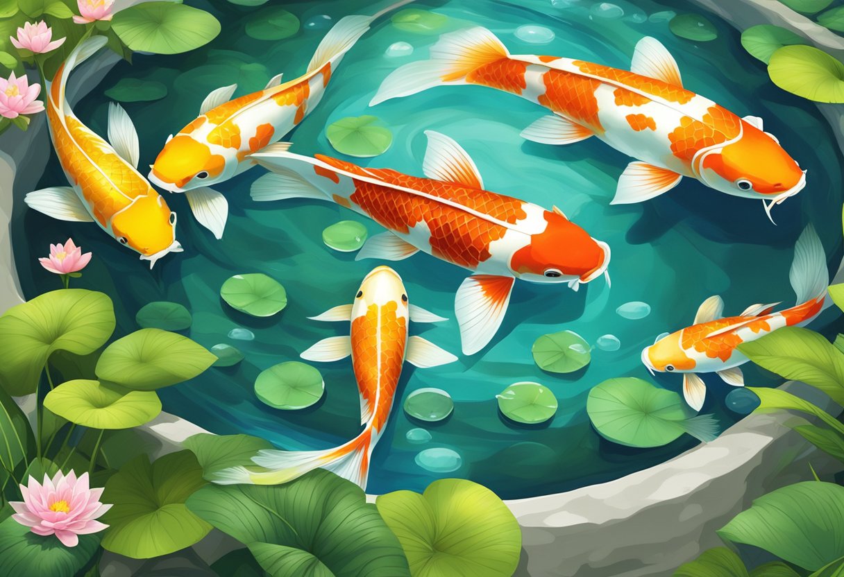 A serene koi pond with a durable rubber liner, surrounded by lush greenery and colorful koi fish swimming gracefully in the crystal-clear water