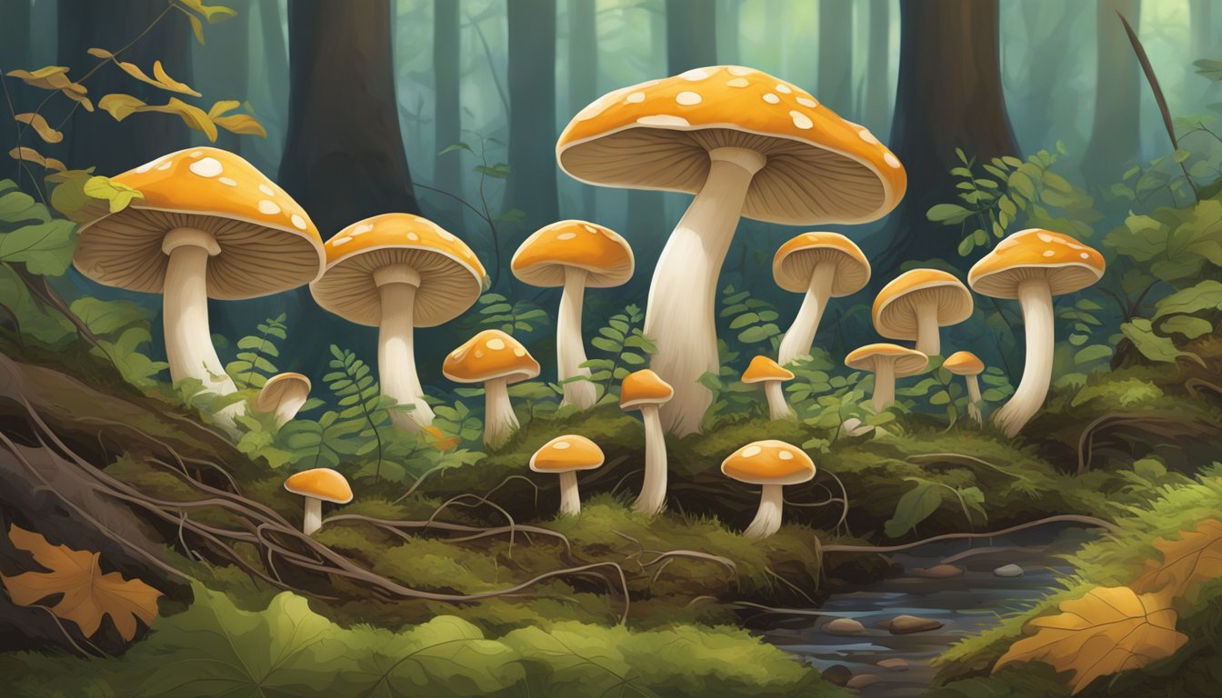 Mushrooms sprout from the forest floor, intertwining with roots and fallen leaves. Wildlife scampers through the underbrush, foraging for food among the interconnected worlds of flora and fauna