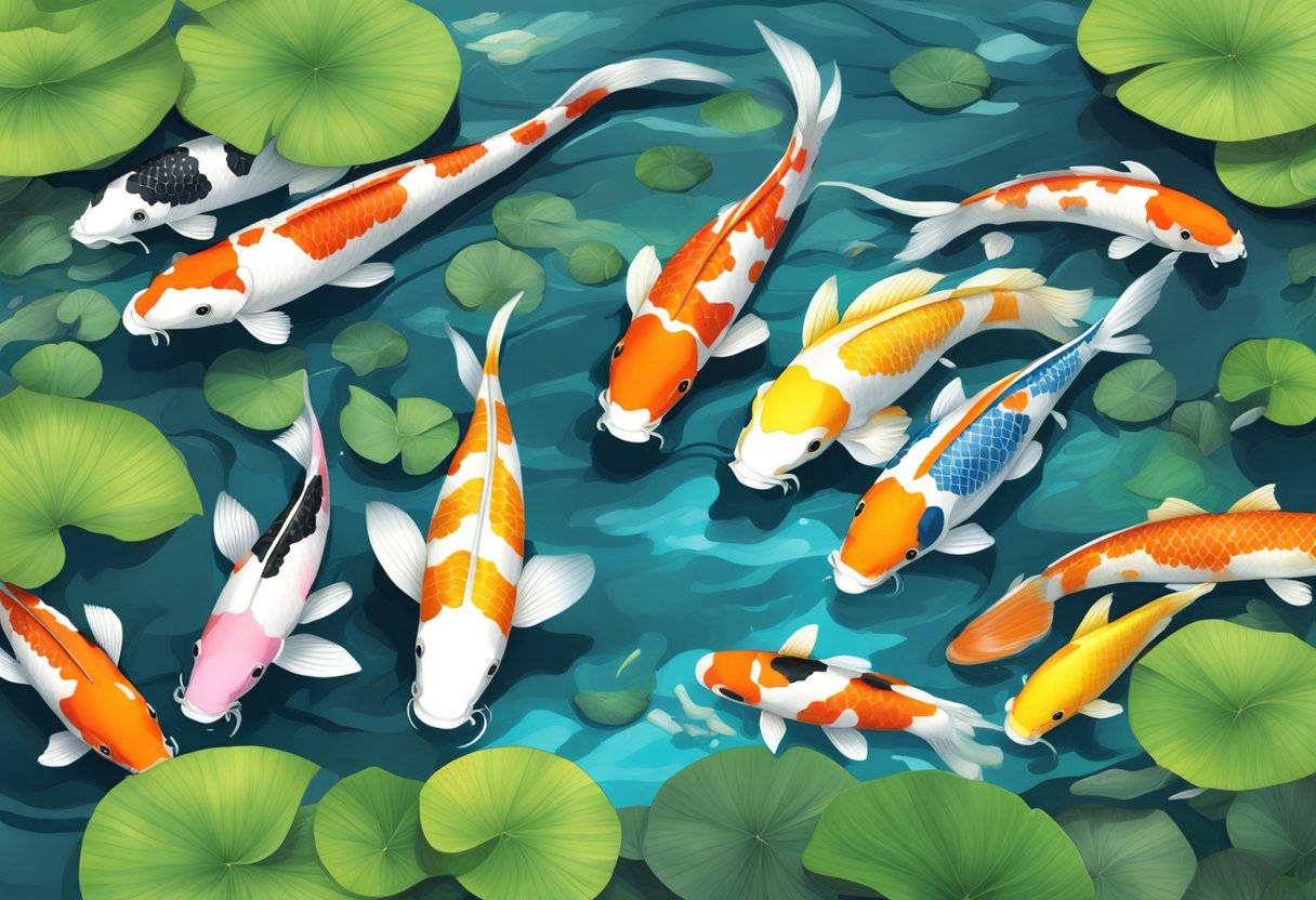 A serene koi pond with various liner materials visible, including rubber, PVC, and EPDM. The water is clear, and colorful koi fish swim gracefully