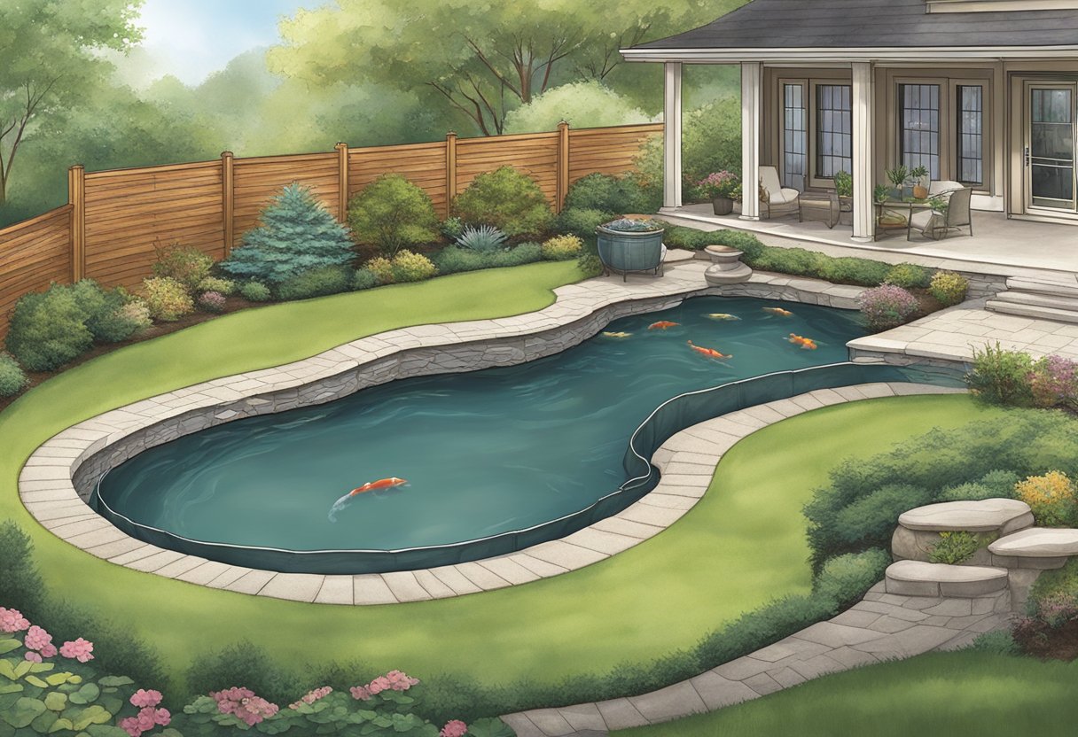 A flexible and easy-to-install koi pond liner being effortlessly laid out in a serene garden setting, while a rigid and difficult-to-handle liner is being awkwardly manipulated into place