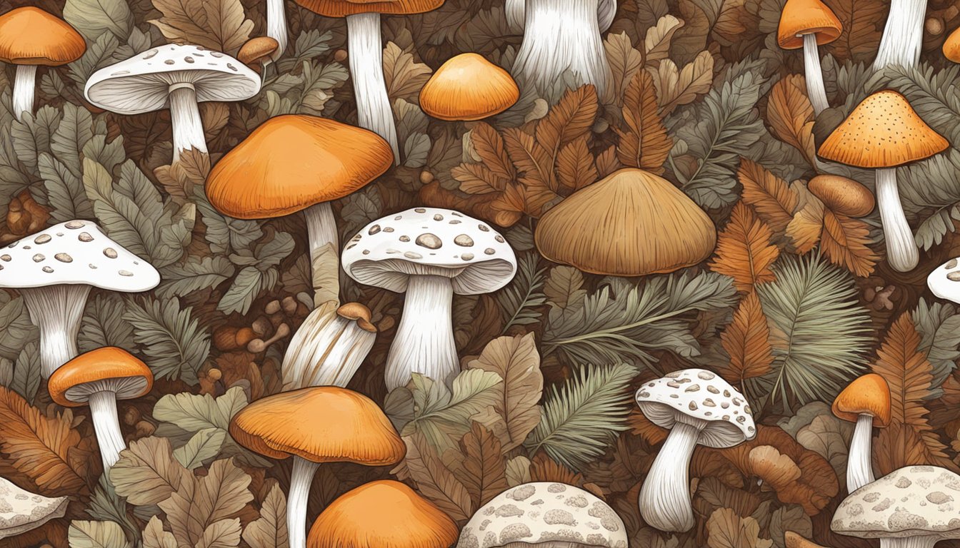 A forest floor with pine trees, fallen leaves, and various types of mushrooms in shades of brown, orange, and white