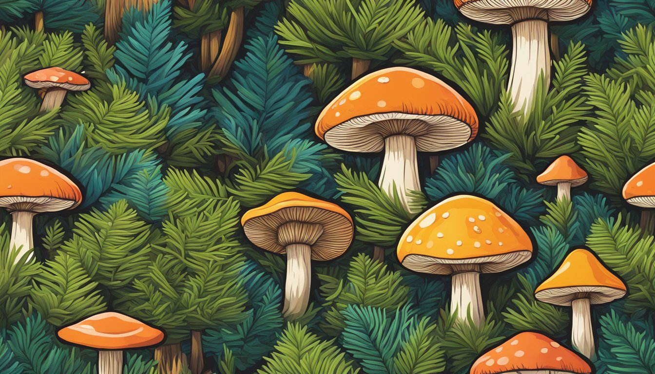 Mushrooms sprout from a bed of pine needles, their vibrant colors and unique shapes adding an otherworldly feel to the forest floor