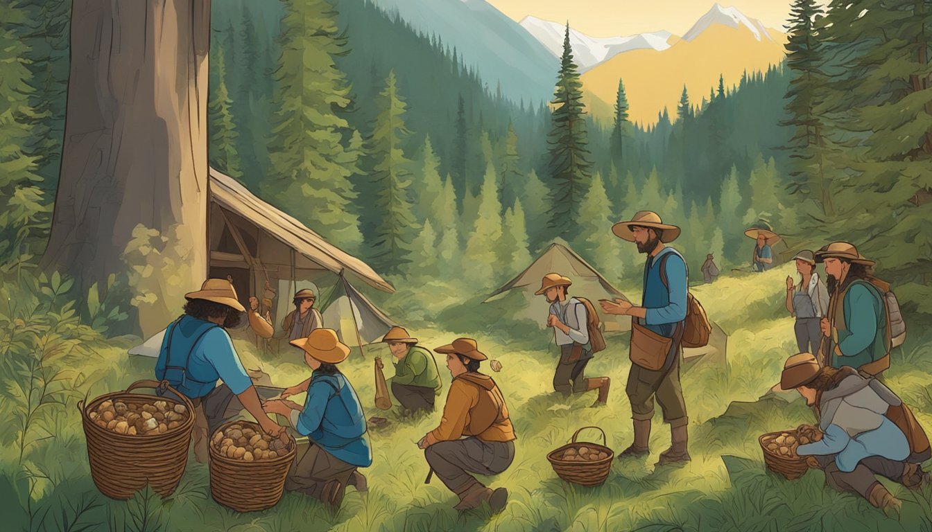 A group of people gather in the northern Rockies, surrounded by lush forests and mountains, searching for wild mushrooms. Baskets and foraging tools are scattered around as they explore the abundant resources