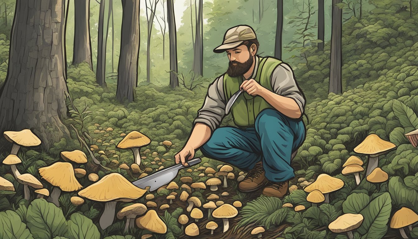 A person using a knife to carefully harvest wild mushrooms in the lush Shenandoah Valley region