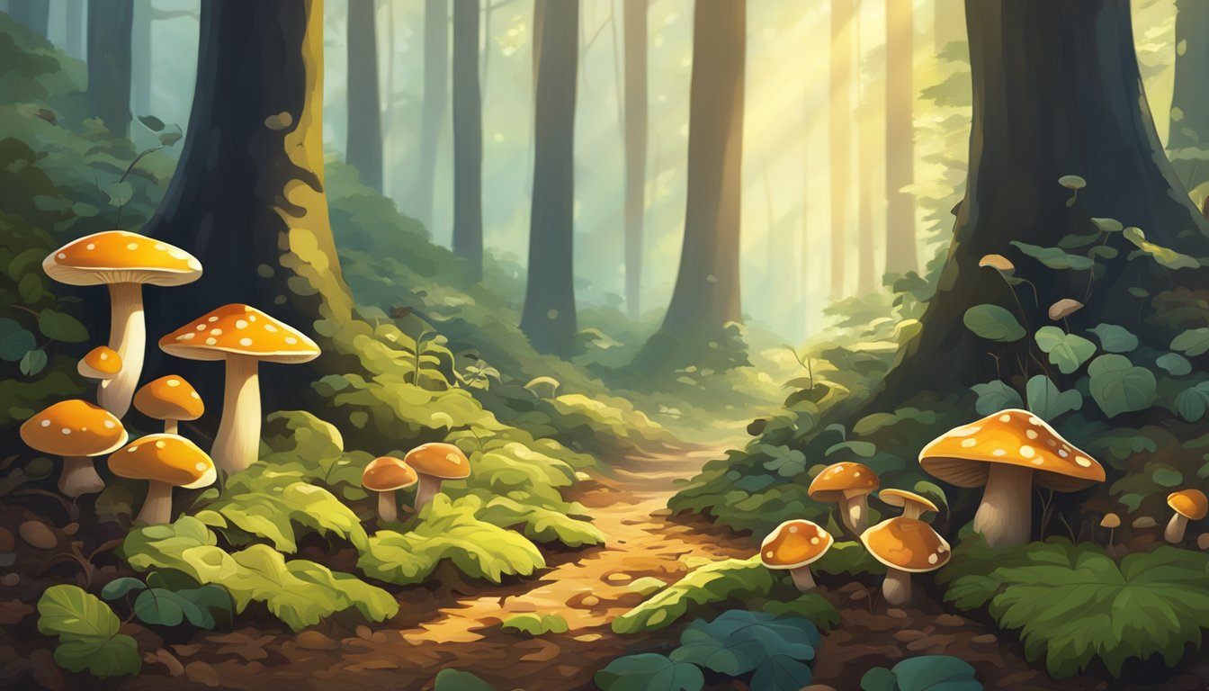 A lush forest floor with various types of mushrooms growing among the fallen leaves and moss. Sunlight filters through the dense canopy, casting dappled shadows on the ground