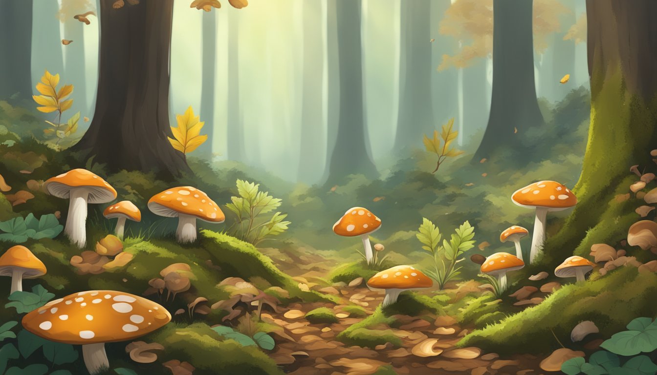 A forest floor in the Piedmont region, scattered with fallen leaves and moss, with various types of mushrooms sprouting from the ground