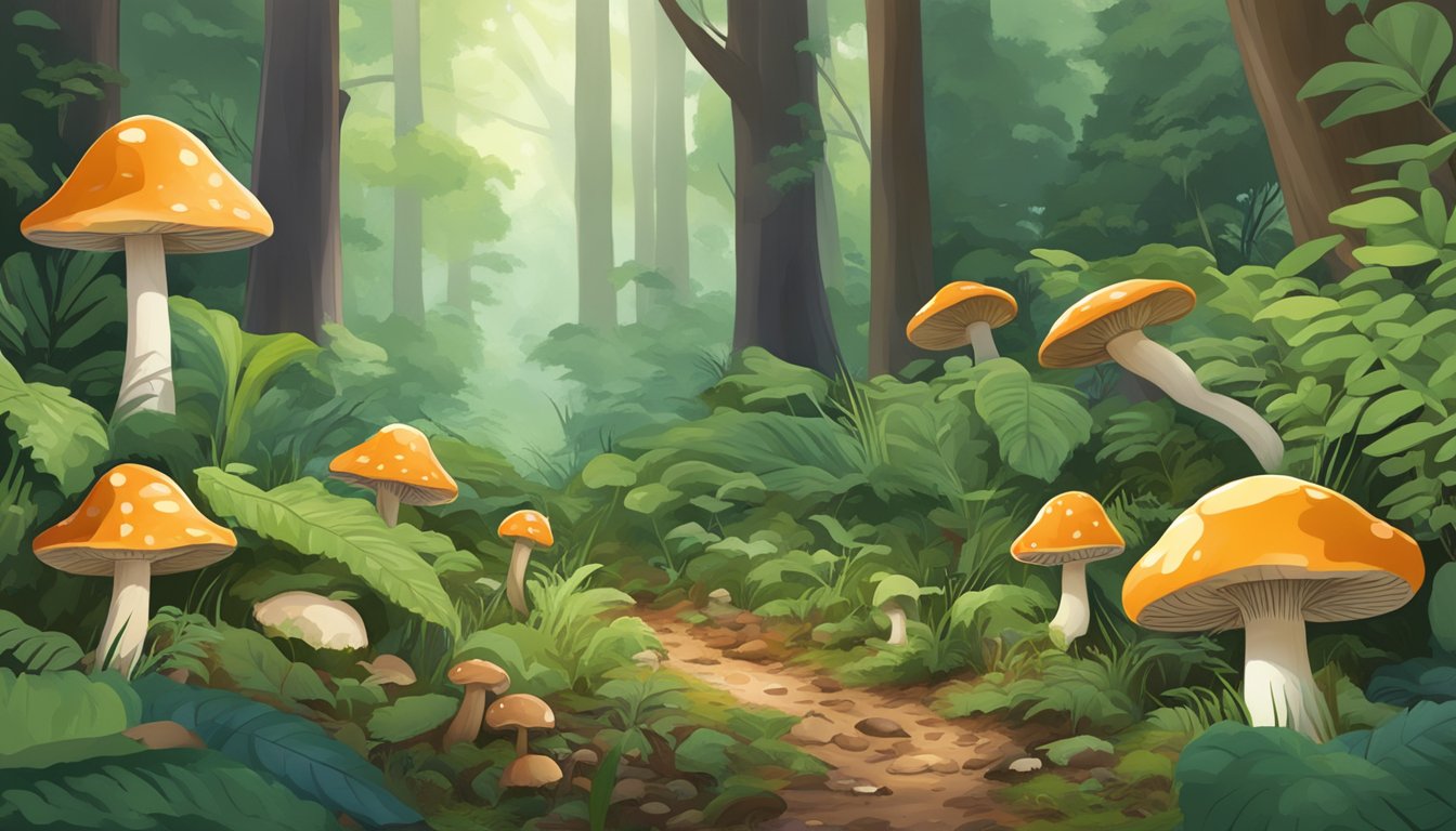 A lush forest floor with a variety of mushrooms in the Ozarks region, surrounded by trees and undergrowth