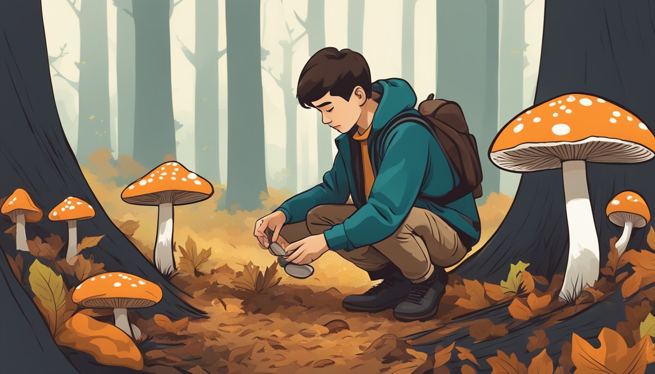 A person in a forest, kneeling to examine mushrooms growing on the ground, surrounded by trees and fallen leaves