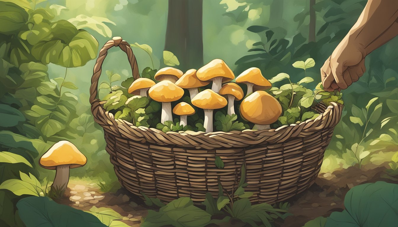 A person carefully places freshly picked mushrooms into a woven basket, surrounded by lush green foliage and dappled sunlight