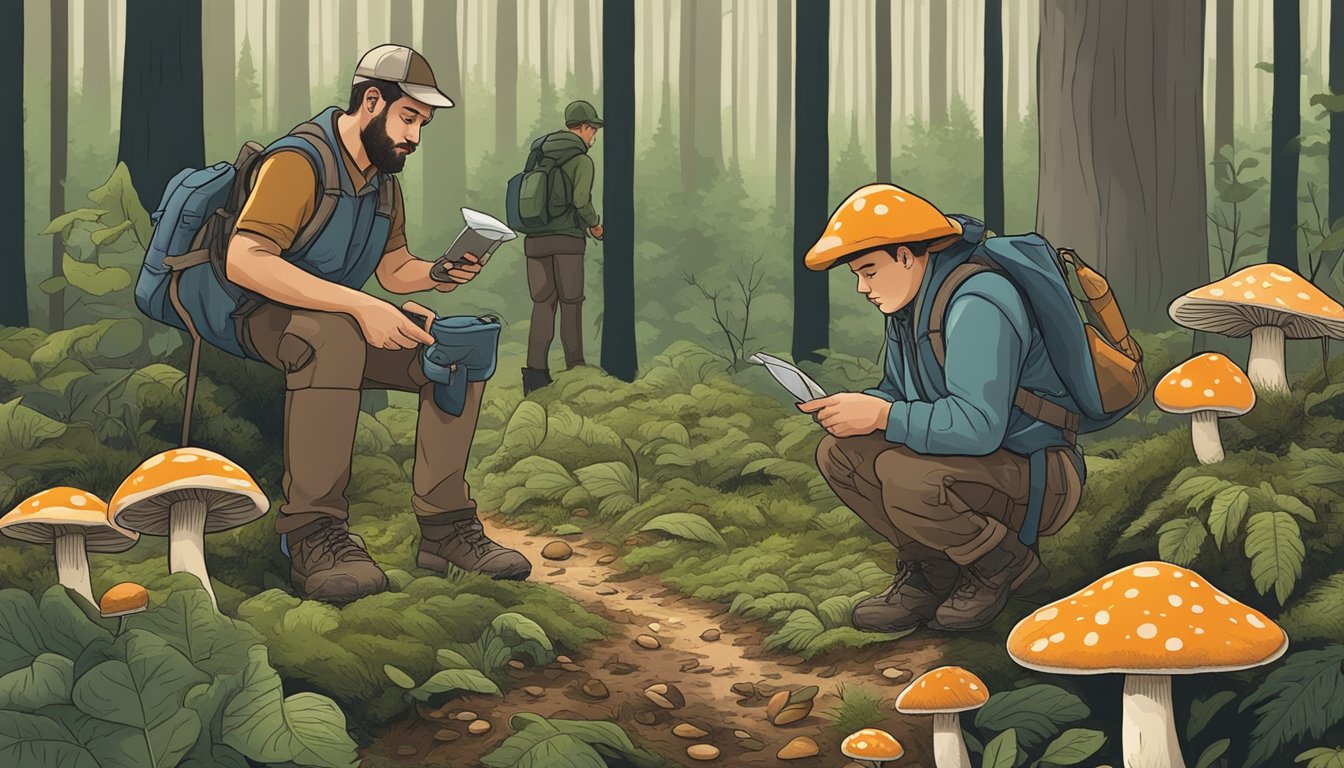 Mushroom hunters carefully inspect forest floor, identifying and collecting various fungi in the Piedmont region