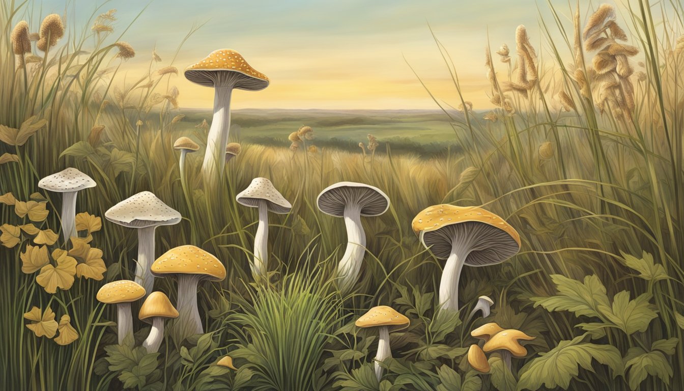 Mushrooms sprout among tall grasses in the Southern Plains. A variety of species, including morel and chanterelle, dot the landscape, waiting to be discovered by eager foragers