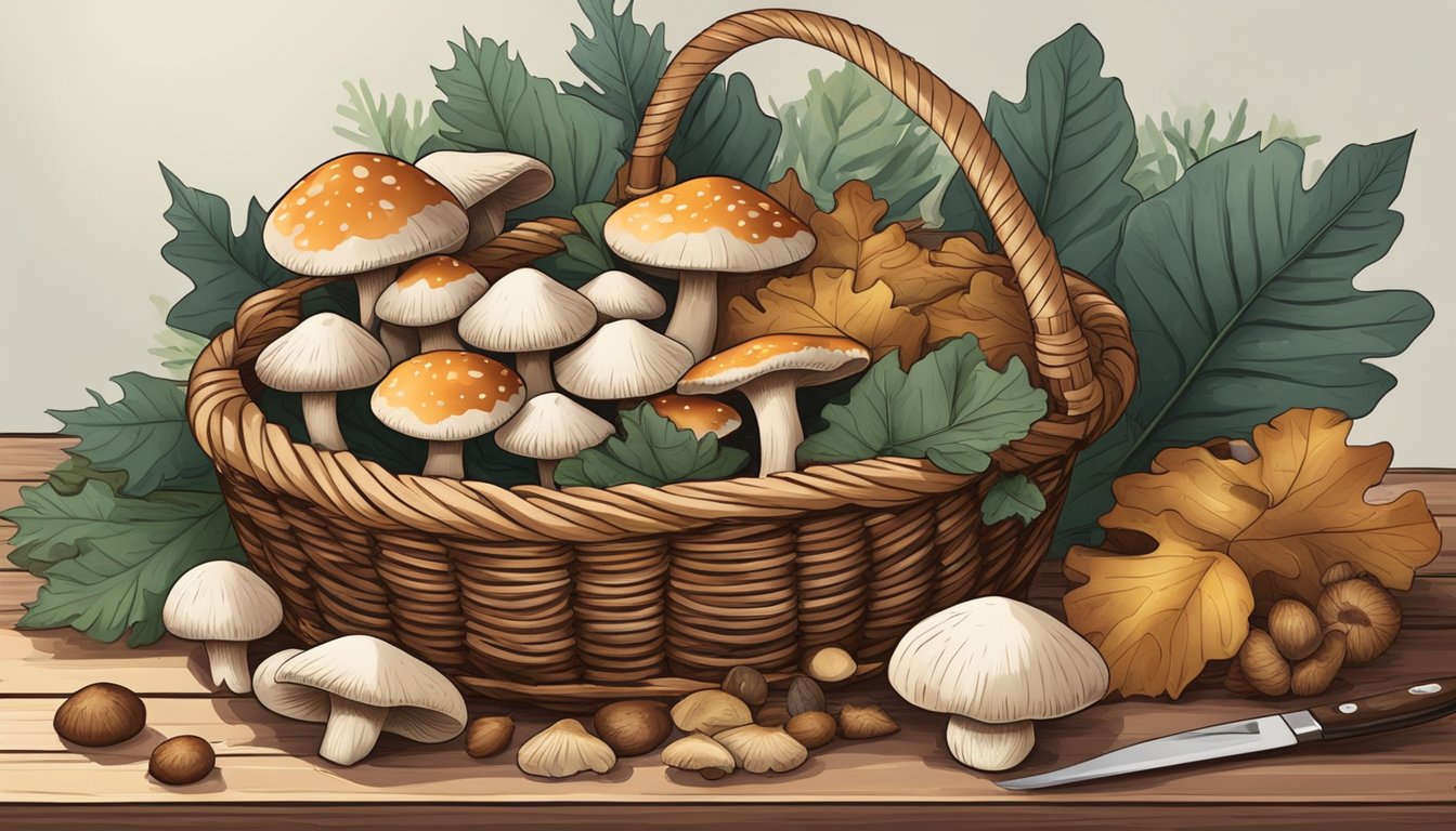 A wicker basket filled with freshly foraged mushrooms sits on a wooden table, surrounded by scattered leaves and pinecones. A small knife and brush lie nearby for cleaning and preparing the harvest