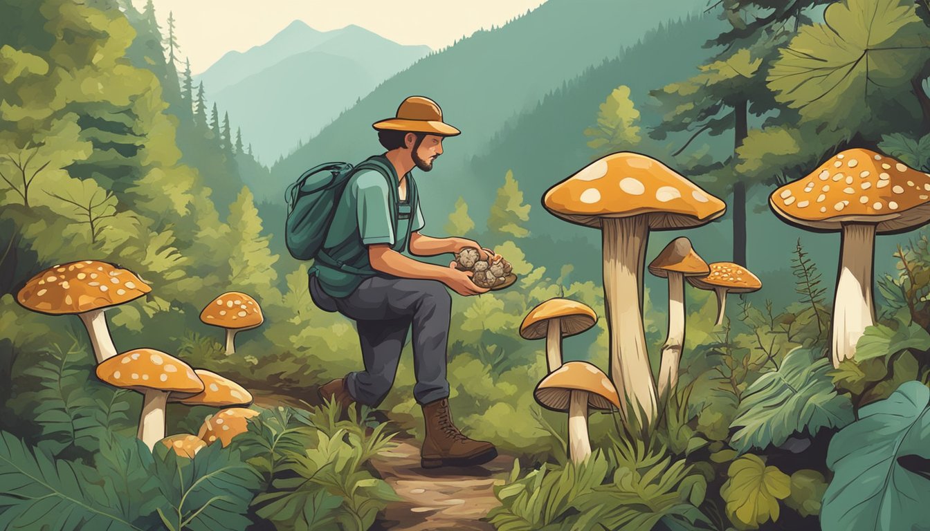 A person foraging for mushrooms in the lush forests of the Piedmont region, carefully selecting and collecting various types of wild mushrooms