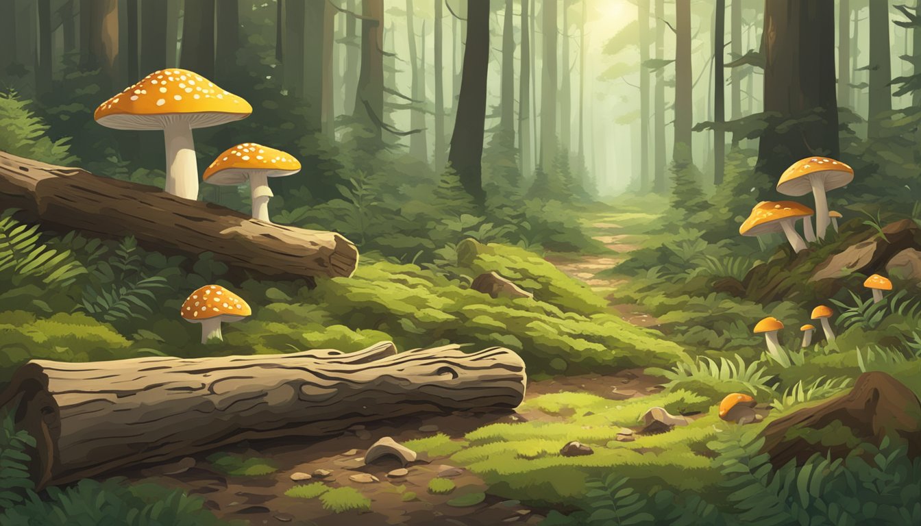 A lush, sun-dappled forest floor in the southern plains, scattered with fallen logs and patches of moss, where various types of mushrooms can be found