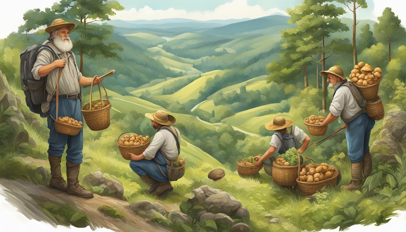 Mushroom hunters gather in the piedmont region, surrounded by lush forests and rolling hills, equipped with baskets and tools