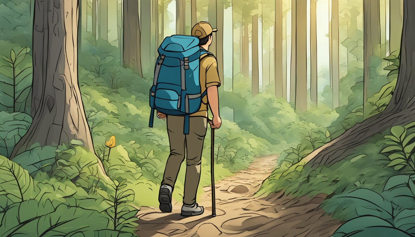 A person wearing a backpack and carrying a walking stick navigates through a dense forest, carefully scanning the ground for mushrooms. Nearby, a first aid kit is visible, along with a map and compass