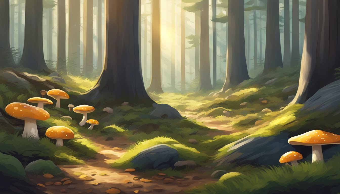 Sunlight filters through dense pine trees onto forest floor, where mushrooms grow among fallen leaves and moss