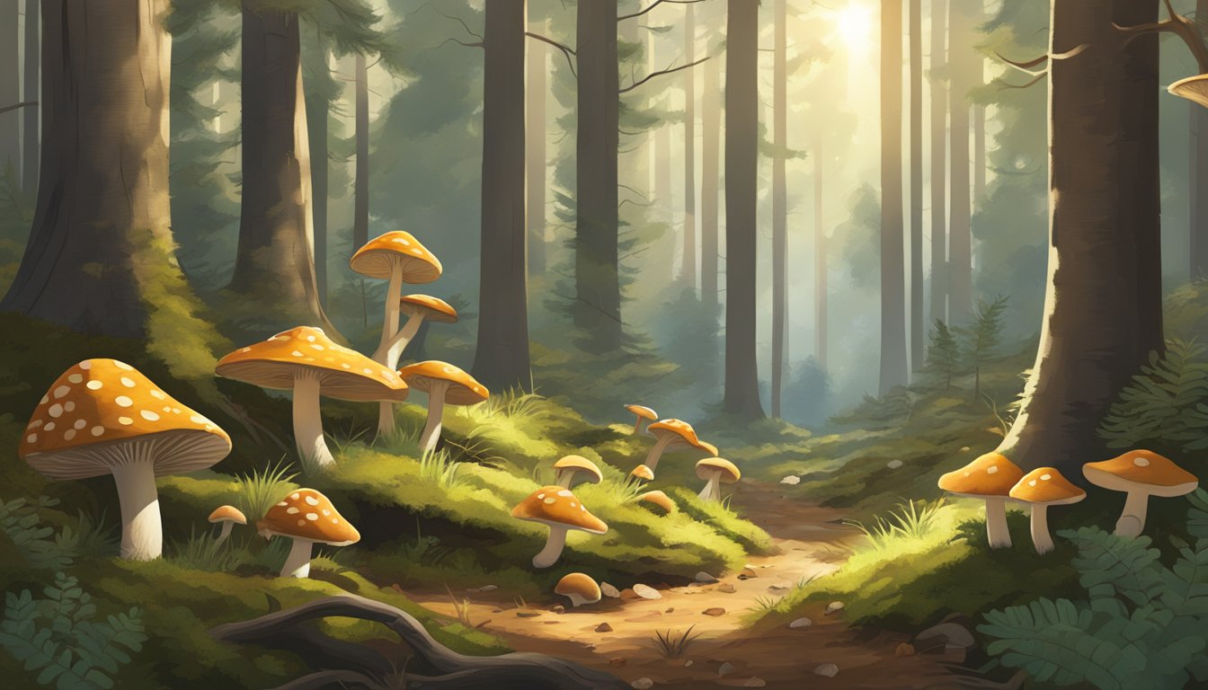 Sunlight filters through dense pine trees onto a forest floor covered in fallen leaves and moss. A variety of mushrooms of different shapes and sizes can be seen growing among the underbrush