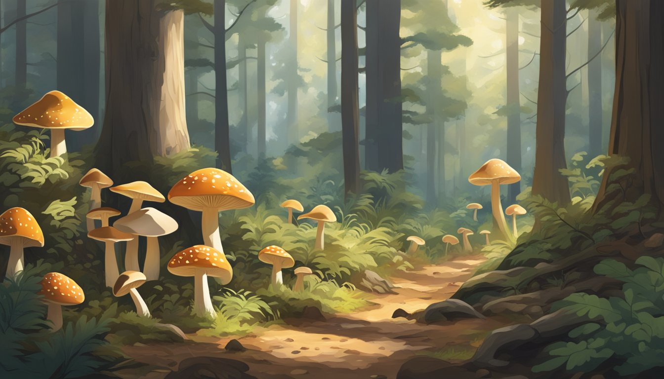 Sunlight filters through dense trees onto a forest floor littered with various types of mushrooms. A mix of tall pines and leafy underbrush creates a diverse and rich ecosystem for mushroom hunting