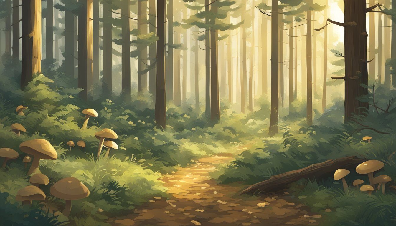 A lush piney woods with dappled sunlight, fallen leaves, and scattered mushrooms in the optimal foraging spots and times