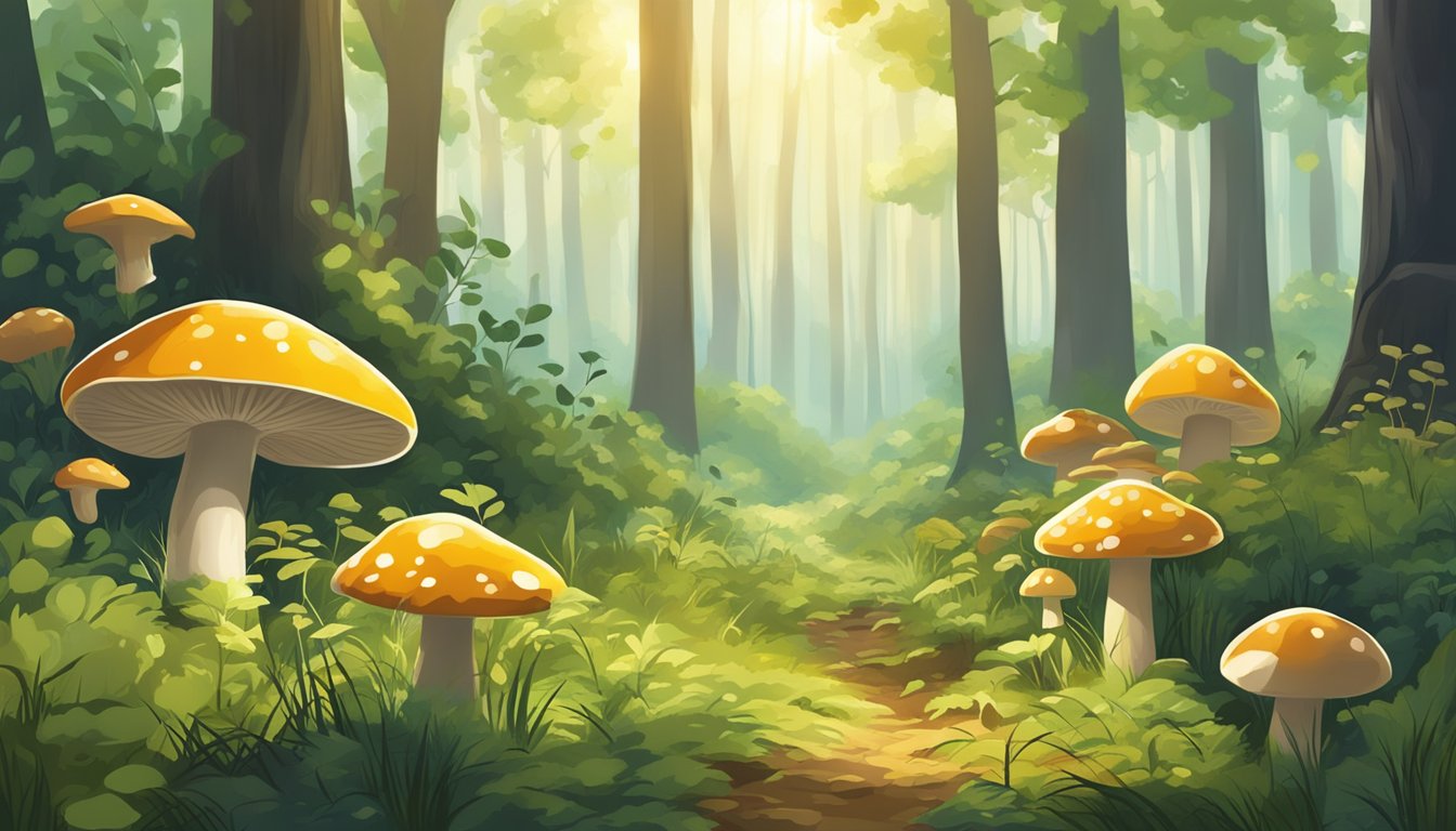 A sunny forest floor with scattered trees and bushes, where mushrooms grow abundantly in the Sun Belt region