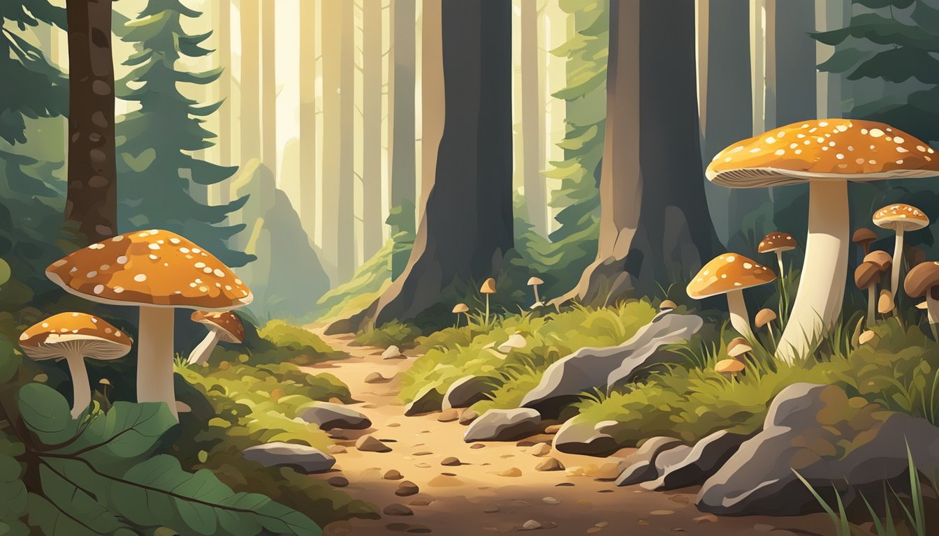 A lush forest floor in the Rocky Mountains, with various types of mushrooms growing among the fallen leaves and rocky terrain. The sunlight filters through the trees, creating dappled patterns on the ground