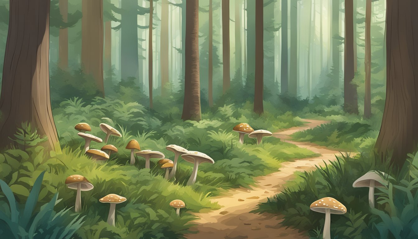 A lush piney woods region with various mushrooms scattered across the forest floor, surrounded by signs indicating sustainable foraging and legal considerations