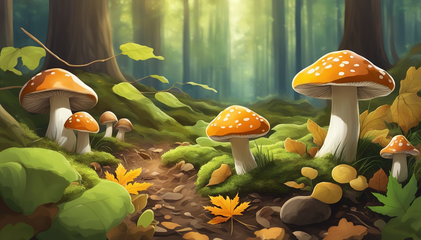 A lush forest floor in the sun-dappled sun belt region, with various types of mushrooms sprouting among fallen leaves and moss