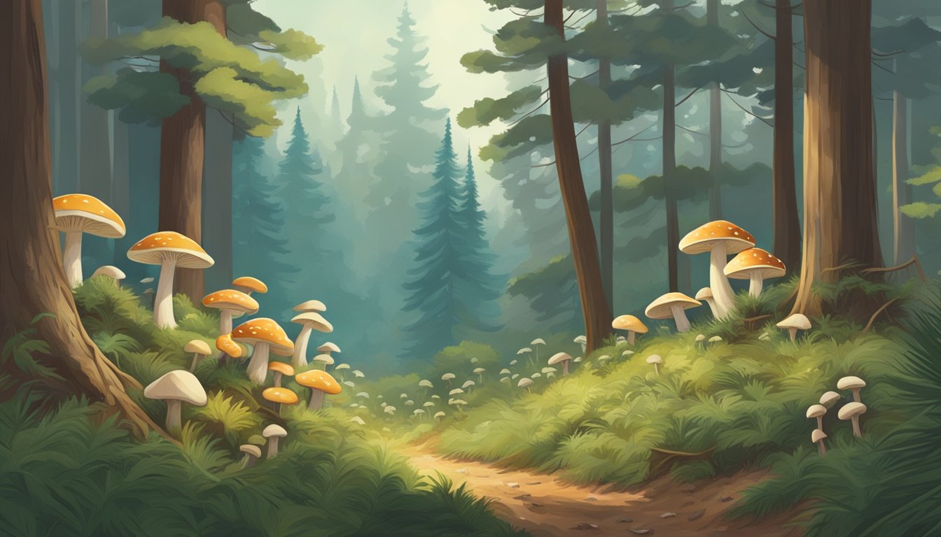 Mushrooms being carefully gathered in a lush piney woods, with a mix of tall trees and underbrush creating a serene and natural setting for the harvest