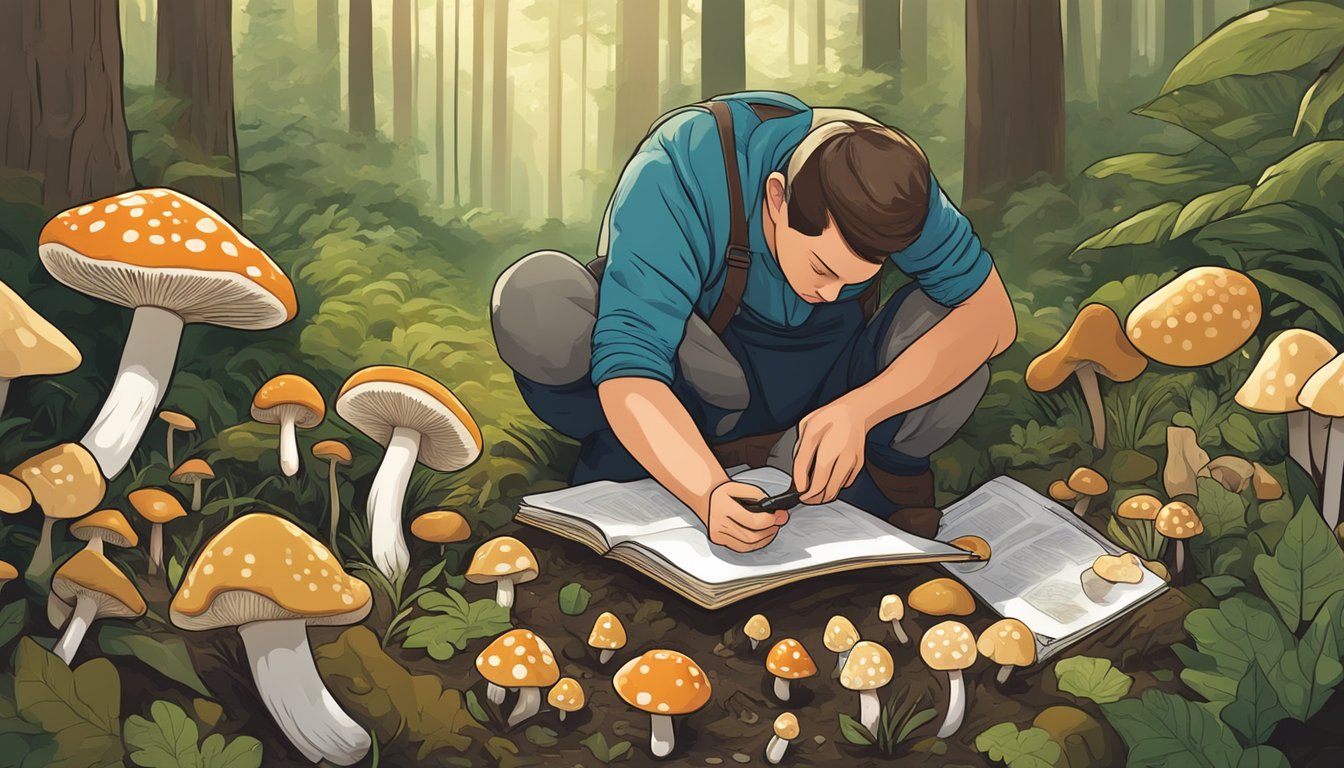 A person in the sun belt region carefully examining various mushrooms in the forest, using a field guide and magnifying glass for identification