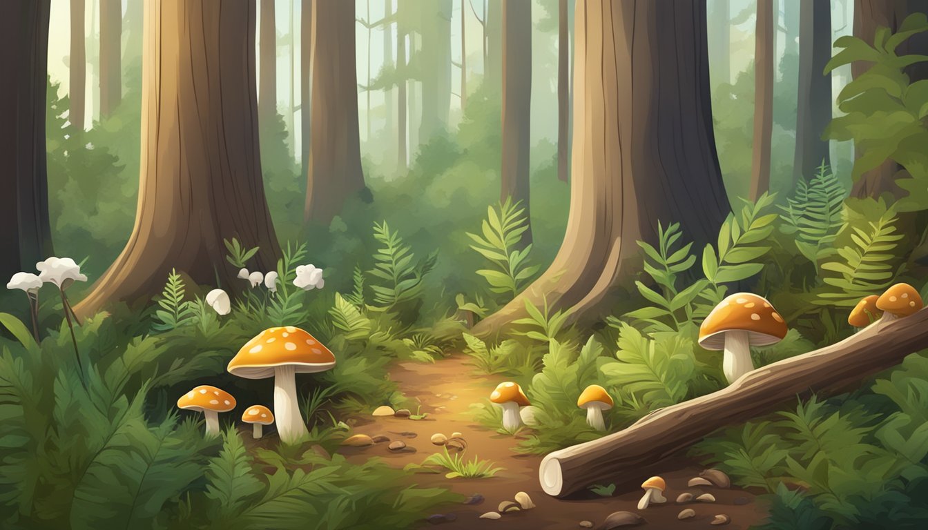 A lush piney woods forest with various mushrooms growing on the forest floor, surrounded by educational materials and tools for mushroom hunting