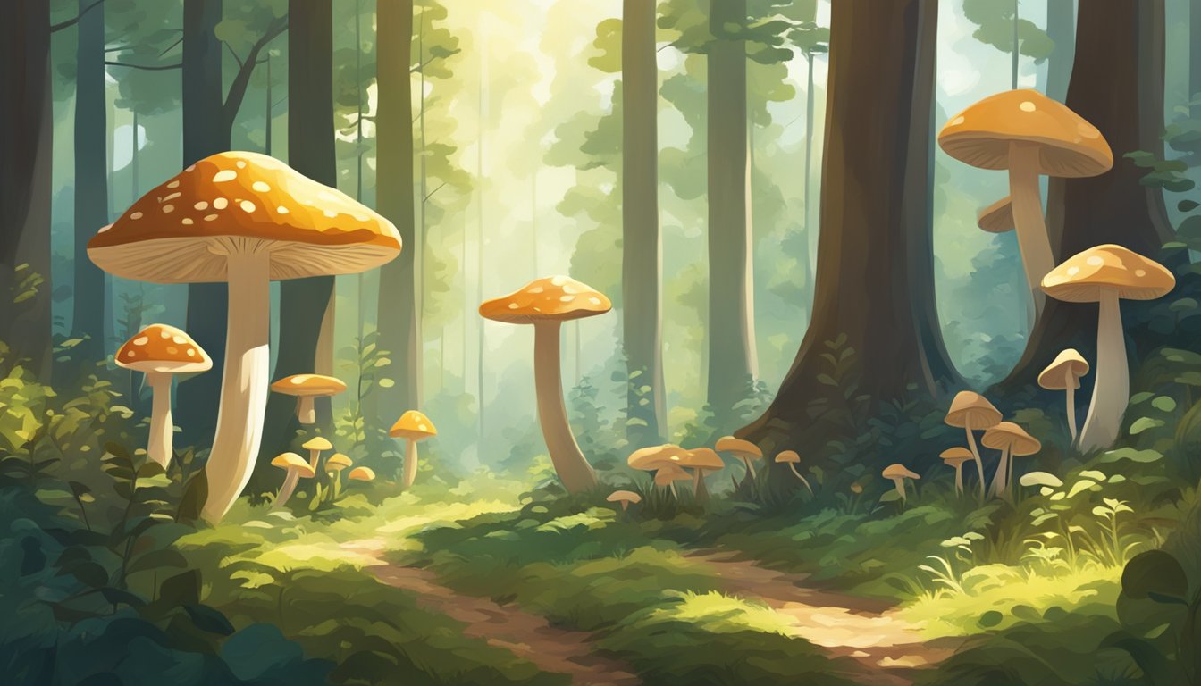 Mushrooms growing in a sun-dappled forest clearing, surrounded by tall trees and scattered sunlight