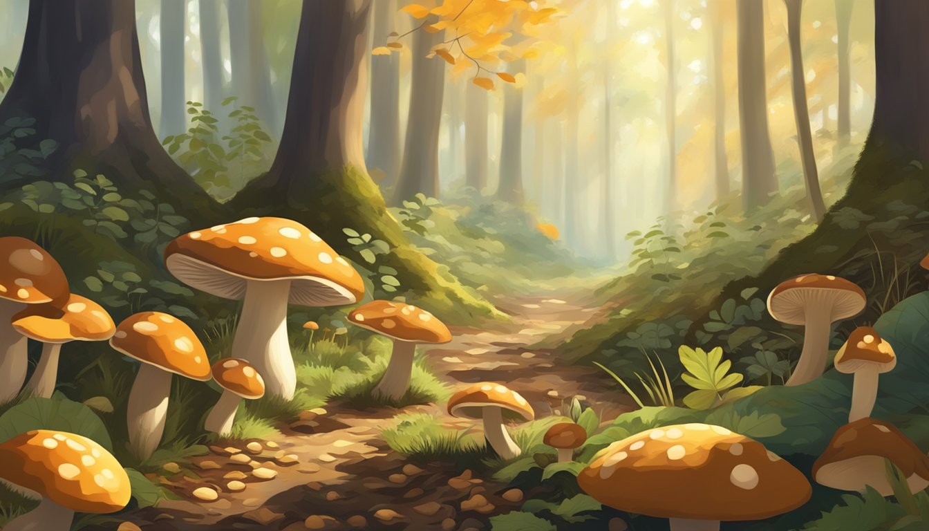 A forest floor in the sun belt region, with various types of mushrooms growing among the fallen leaves and dappled sunlight filtering through the trees