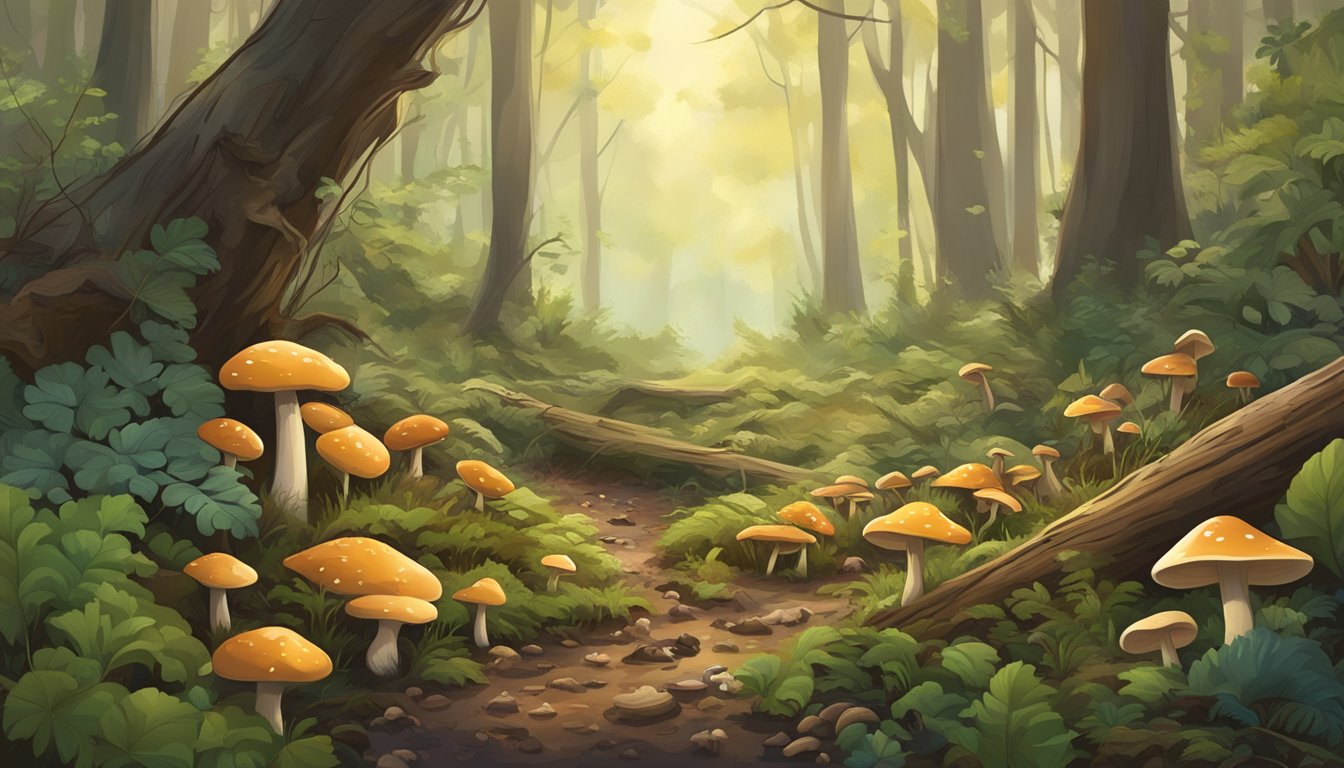 A lush forest floor in the sun belt region, with various mushrooms sprouting among fallen leaves and decaying logs, surrounded by diverse plant life and wildlife