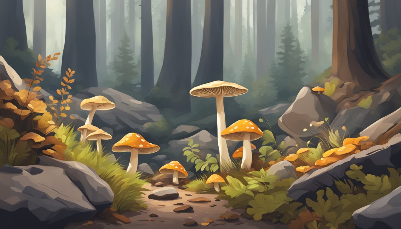 A forest floor with various wild mushrooms growing among rocks and fallen leaves in the rocky mountains region