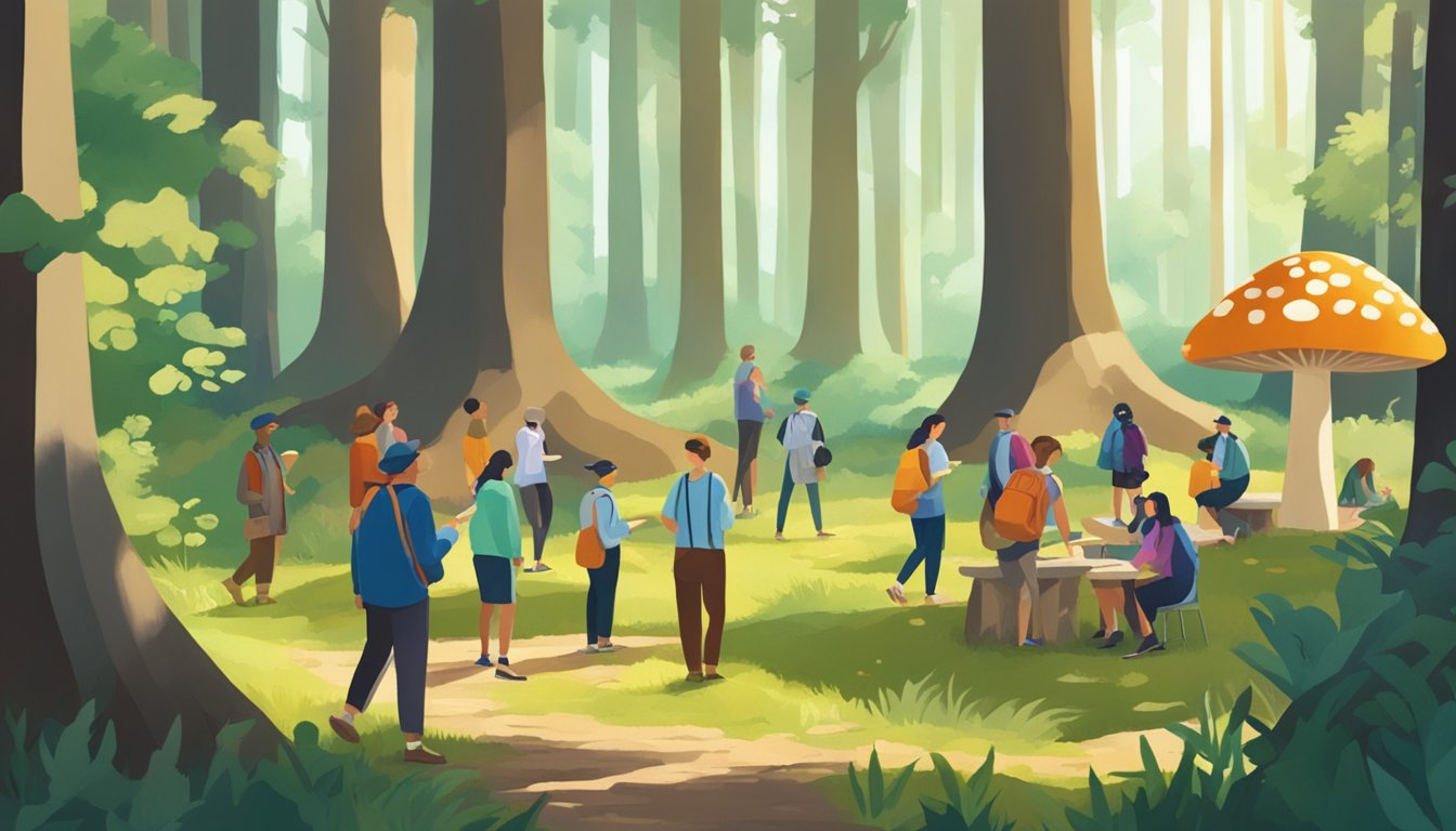 A group of people gather in a sun-dappled forest, eagerly searching for mushrooms while sharing knowledge and learning from each other