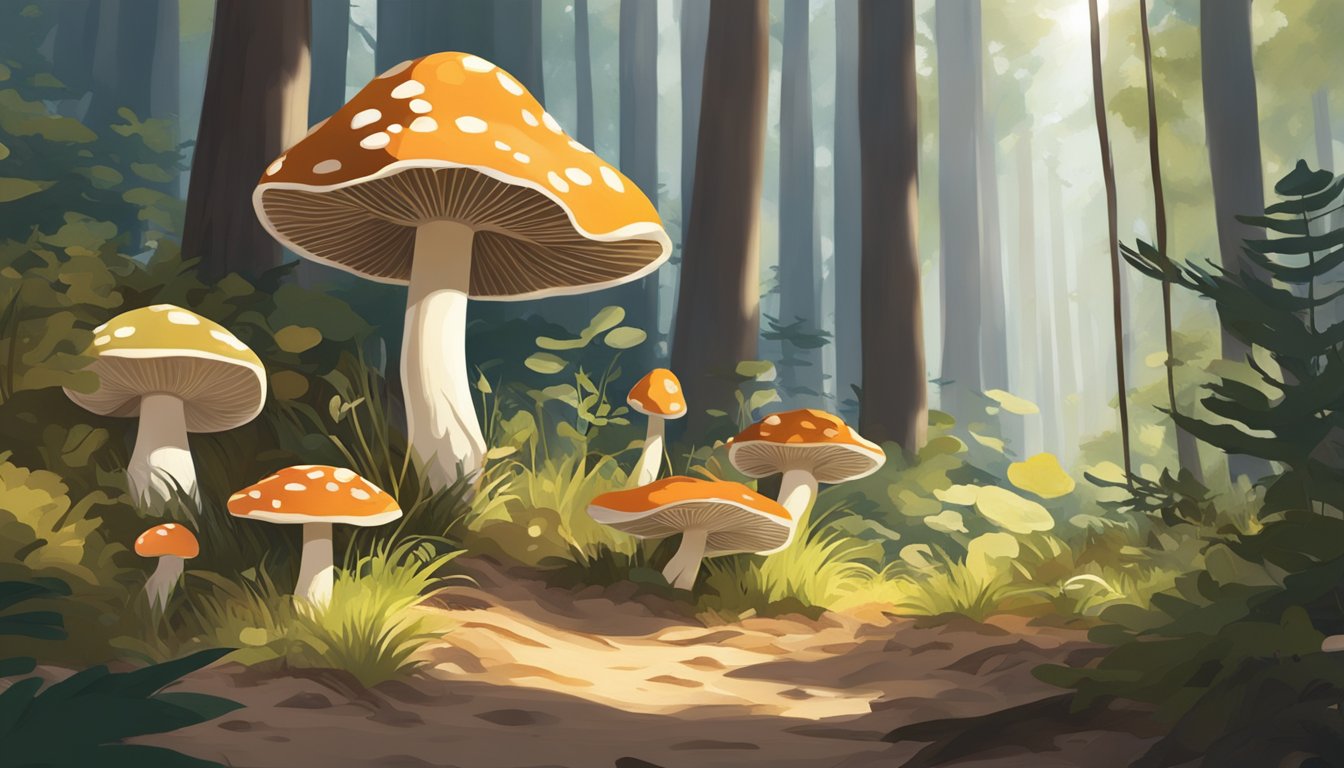 A forest floor in the sandhills region, scattered with various types of mushrooms in different shapes, sizes, and colors. Sunlight filters through the trees, casting dappled shadows on the ground