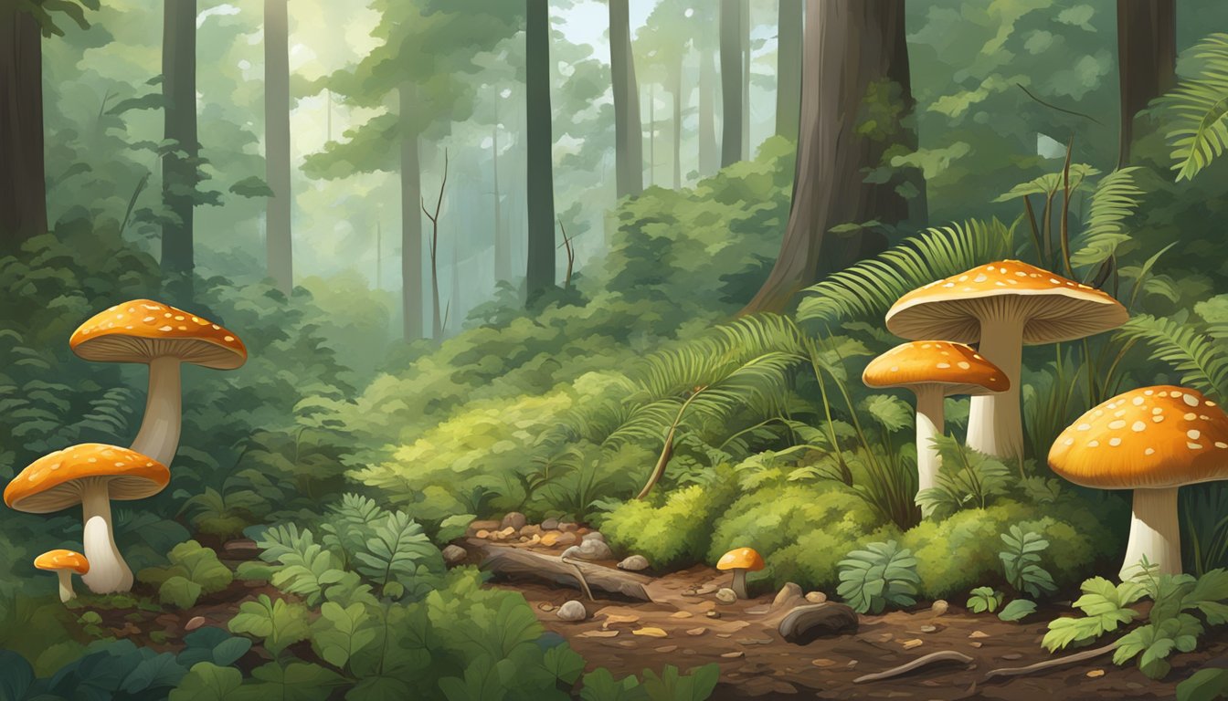 A lush forest floor in the sun belt region, with diverse plant life and fallen trees, where mushroom hunters carefully gather and identify various fungi for conservation and sustainability